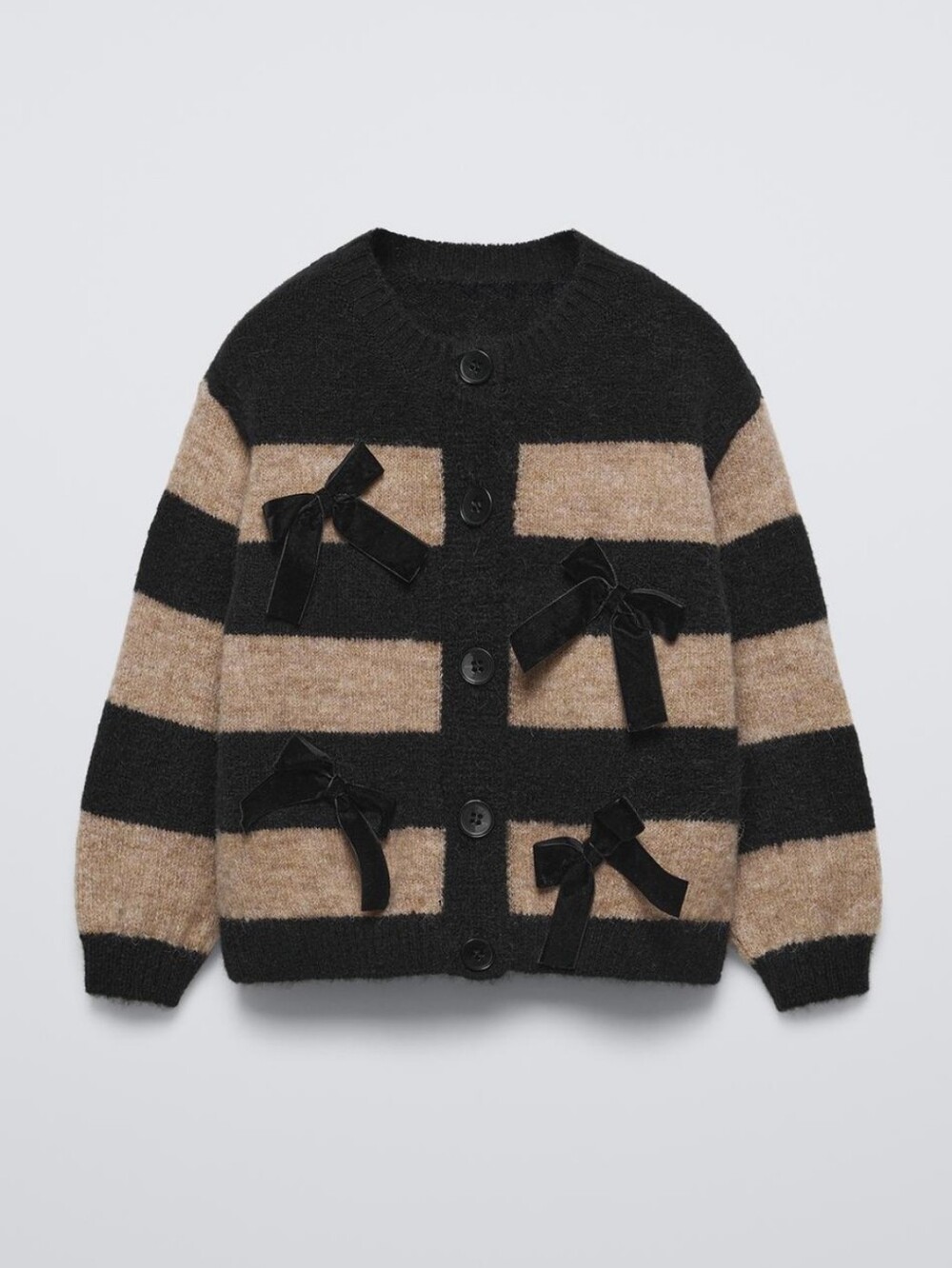 Zara Striped Knit Cardigan with Velvet Bows - Black & Tan